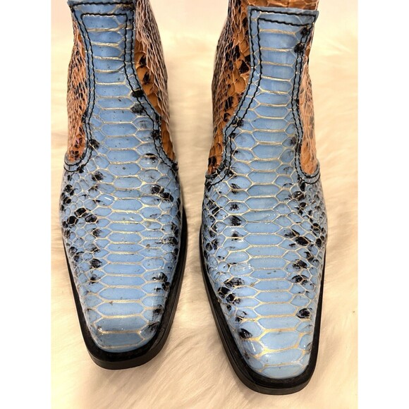 Ganni Two-tone Snake Embossed Leather Western Ankle Boots Blue Brown US 8 EUR38 - Picture 9 of 13